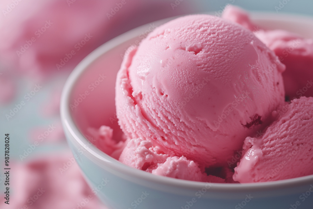 Indulging in a creamy pink ice cream delight served in a bowl on a sunny afternoon Indulging in a creamy pink ice cream delight served in a bowl on a sunny afternoon