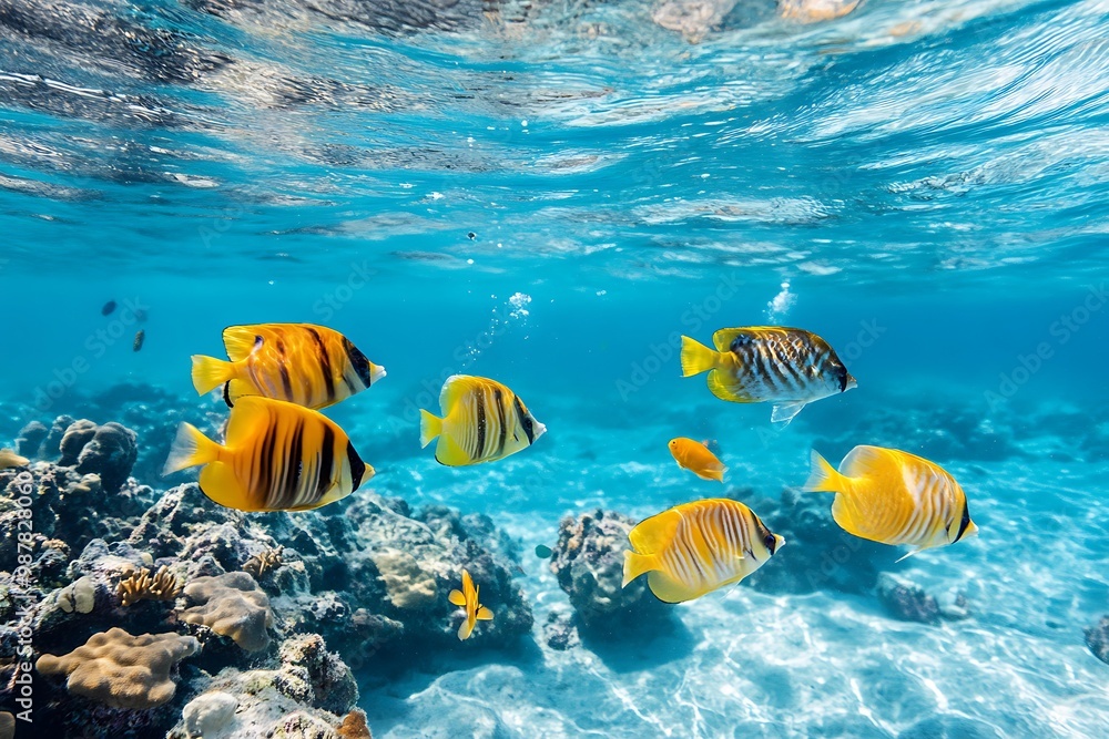 Fototapeta premium Vibrant tropical fish swimming in coral reef. Colorful underwater scene.