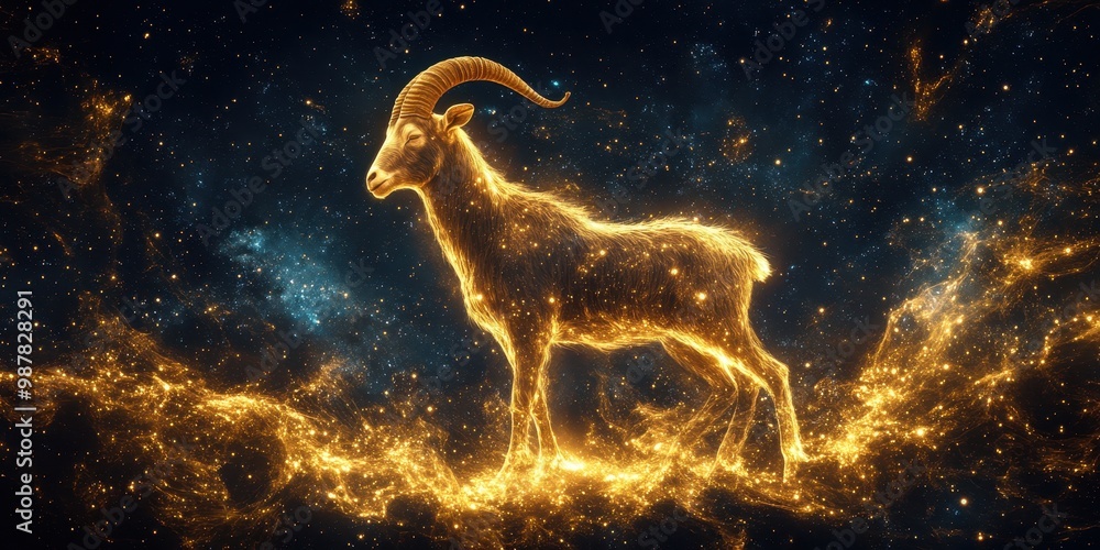 GOAT greatest of all time concept. Golden goat silhouette surrounded by swirling background, representing cosmic greatness, boundless achievement in space exploration GOAT greatest of all time concept. Golden goat silhouette surrounded by swirling background, representing cosmic greatness, boundless achievement in space exploration