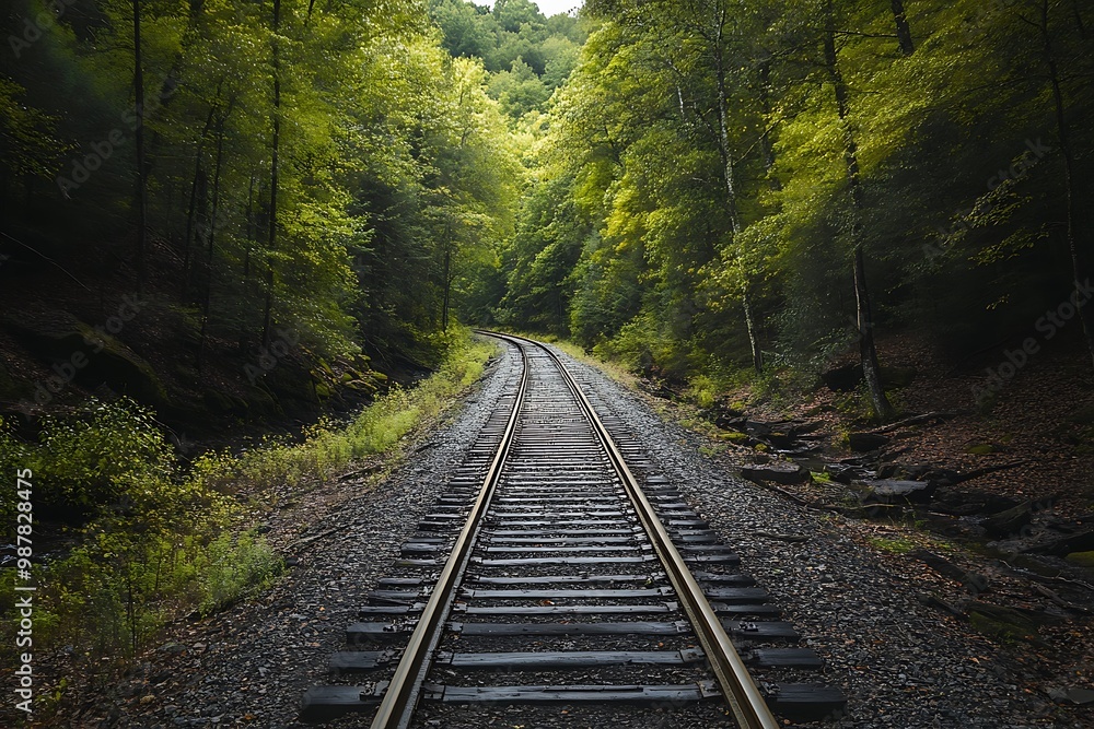 Fototapeta premium Railroad Tracks Through Lush Green Forest