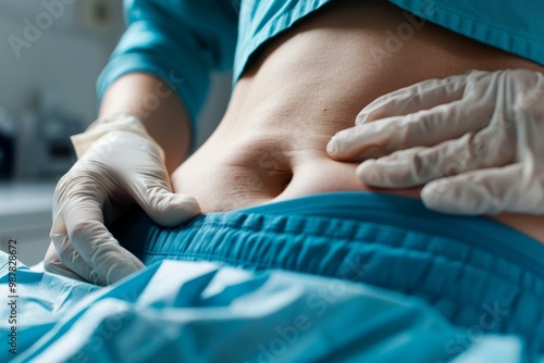 Medical professional wearing blue scrubs is examining a patient's abdomen photo