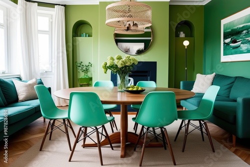 Mint Green Chairs Surrounding Round Wooden Dining Table in Scandinavian Living Room with Green Wall and Sofa