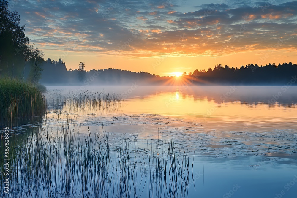 Peaceful sunrise over a foggy lake with trees and reeds Peaceful sunrise over a foggy lake with trees and reeds