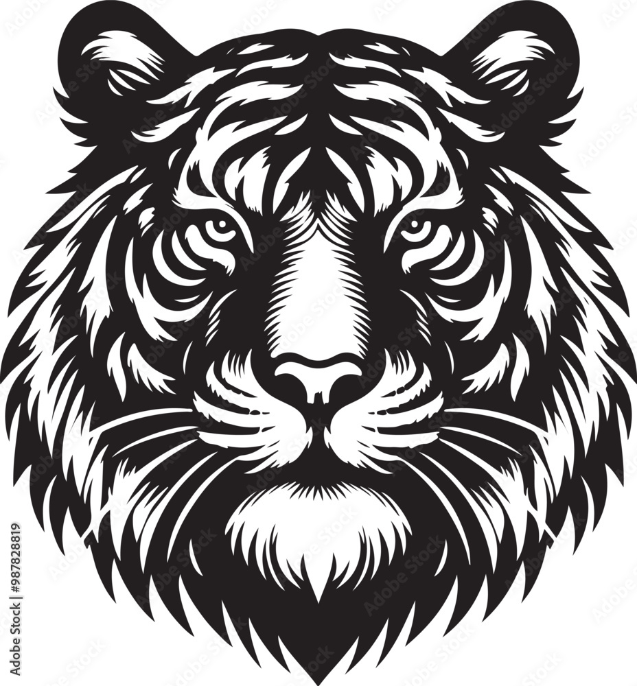 Black and white tiger head silhouette vector art illustration .
Black and white tiger head silhouette vector art illustration .