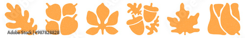 Autumn leaves groovy prints set isolated on transparent background. Hand drawn abstract naive floral stickers, clip art vintage grainy stippling texture. Modern retro Matisse style vector illustration