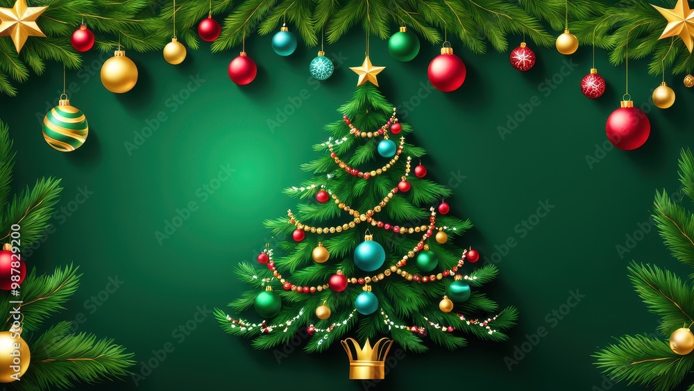 A festive illustration of a decorated Christmas tree with ornaments and greenery. A festive illustration of a decorated Christmas tree with ornaments and greenery.