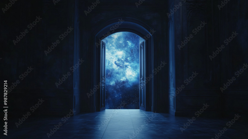 Obraz premium dark room with open doorway to night sky with stars
