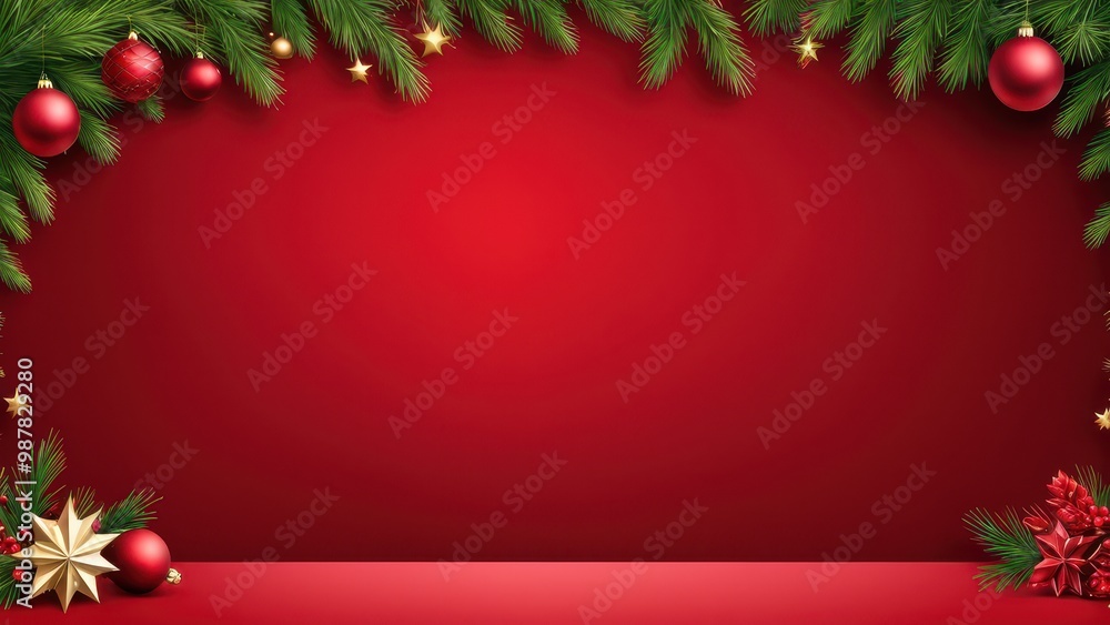 A festive red background adorned with Christmas decorations and greenery. A festive red background adorned with Christmas decorations and greenery.
