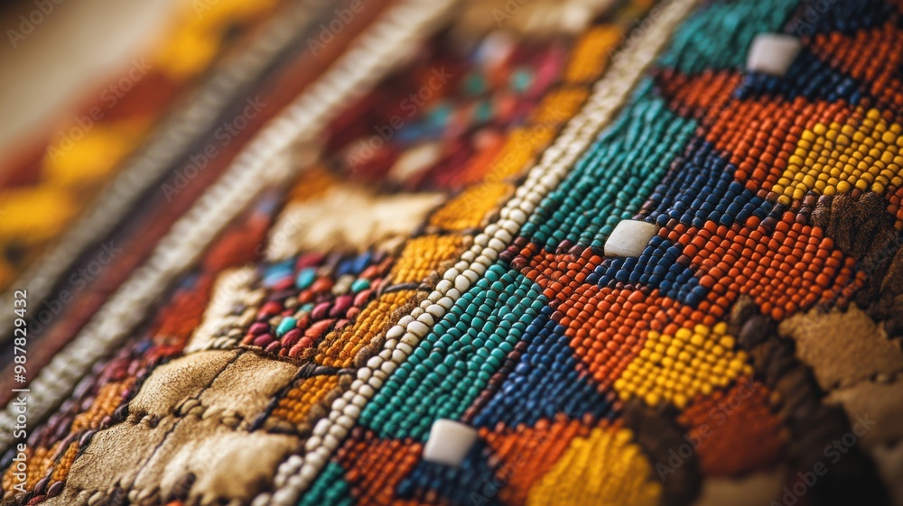 Native American beadwork with intricate geometric designs, set against a soft background with natural elements like feathers and wood Native American beadwork with intricate geometric designs, set against a soft background with natural elements like feathers and wood