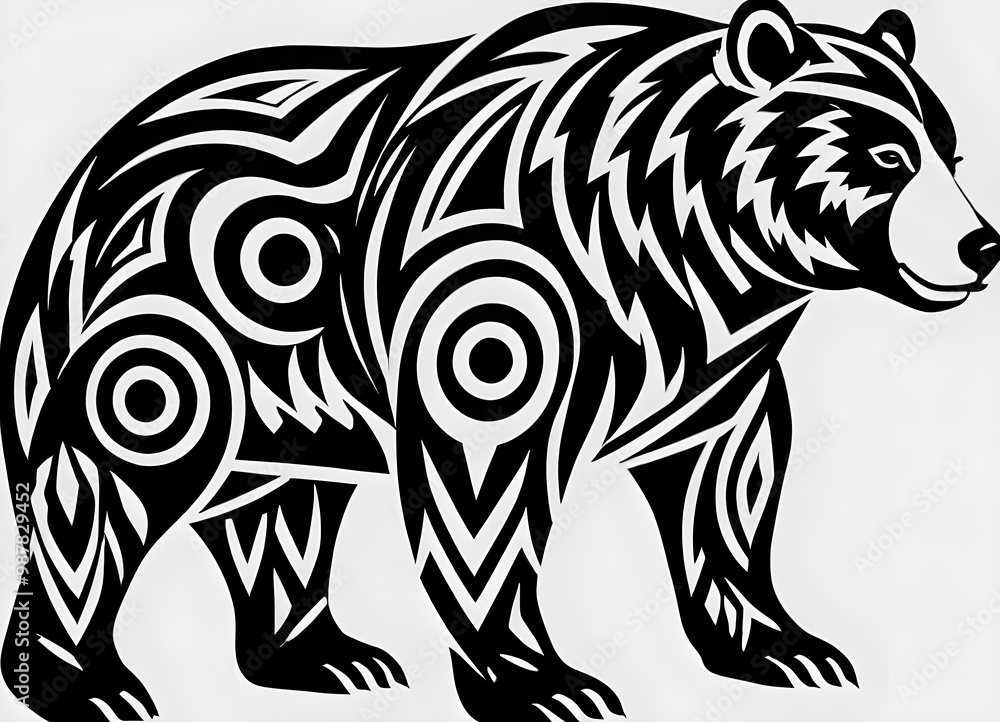 A stylized black and white image of a bear with abstract geometric patterns and shapes forming its body and features A stylized black and white image of a bear with abstract geometric patterns and shapes forming its body and features