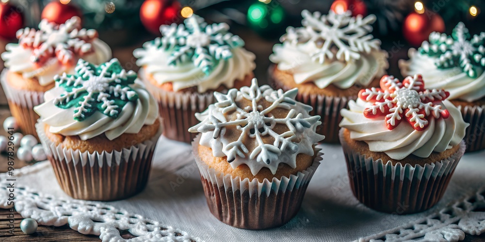 Christmas cupcakes on a table with decorations and garlands, on a wooden table with New Year's decorations, menu recipe Christmas cupcakes on a table with decorations and garlands, on a wooden table with New Year's decorations, menu recipe