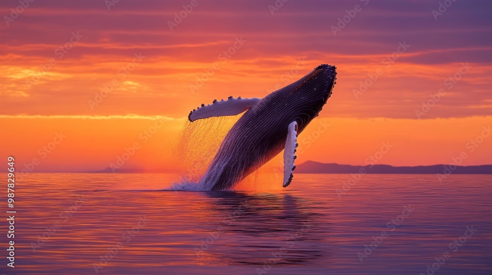 Fototapeta premium A humpback whale breaches the surface against a vibrant sunset backdrop.