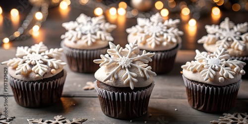 Christmas cupcakes on a table with decorations and garlands, on a wooden table with New Year's decorations, menu recipe