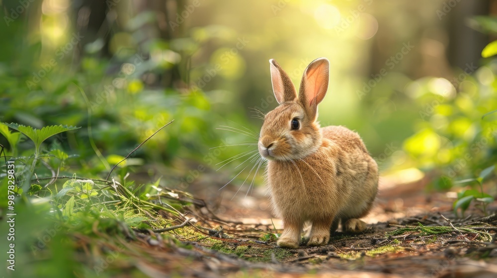 A cute brown rabbit in a forest setting, looking directly at the camera. Sunlight filters through the trees. A cute brown rabbit in a forest setting, looking directly at the camera. Sunlight filters through the trees.