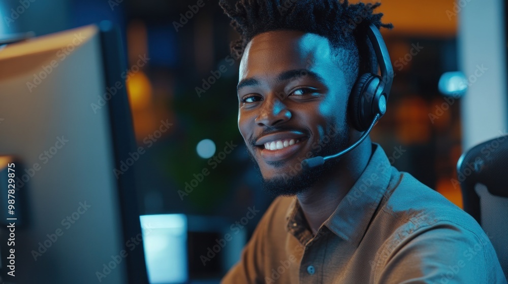 Fototapeta premium A smiling man wearing a headset at a computer, engaged in work or communication.