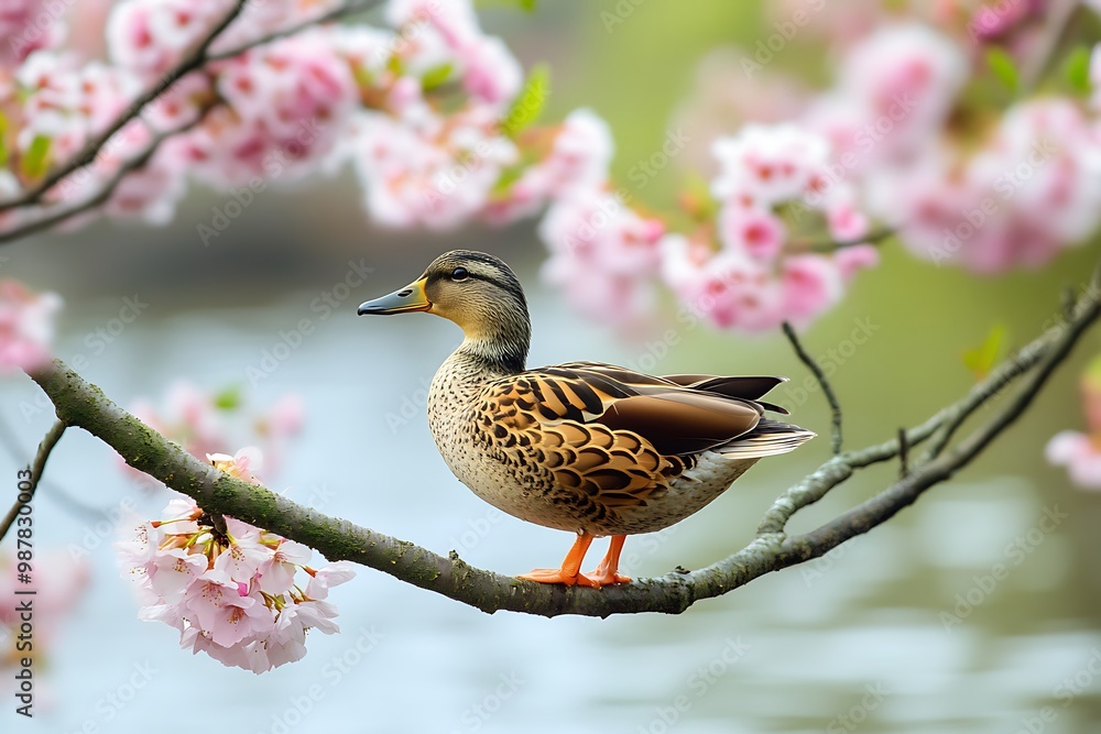 Mallard Duck Perched on Cherry Blossom Branch in Spring Mallard Duck Perched on Cherry Blossom Branch in Spring