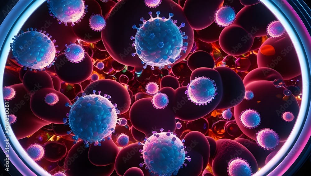 Close-Up of Abstract Background with Round-Shaped Vaccine Cells of Different Sizes, Illuminated by Colorful Light Close-Up of Abstract Background with Round-Shaped Vaccine Cells of Different Sizes, Illuminated by Colorful Light