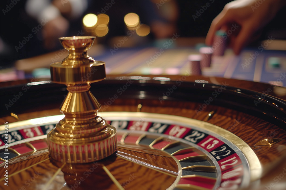 Obraz premium Excitement at the roulette table as players place their bets in a lively casino atmosphere