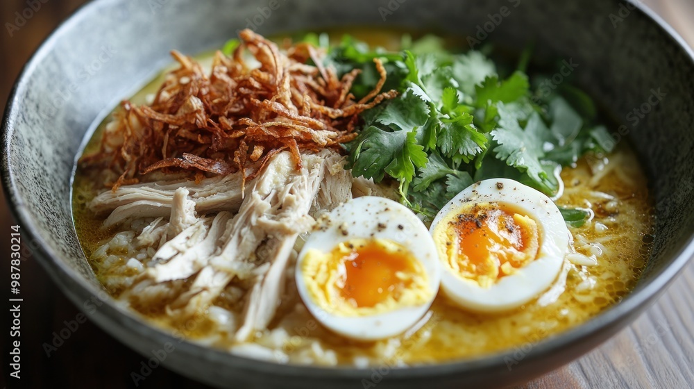 A bowl of ramen featuring shredded chicken, soft-boiled eggs, herbs, and crispy toppings. A bowl of ramen featuring shredded chicken, soft-boiled eggs, herbs, and crispy toppings.