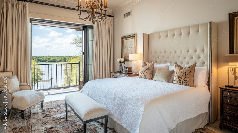 Fototapeta premium Luxurious Bedroom with Lake View and Upholstered Bed