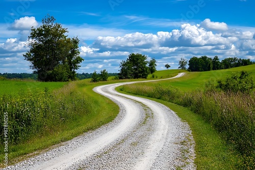 Winding gravel road through green meadow with blue sky and fluffy clouds. Rural landscape photo.