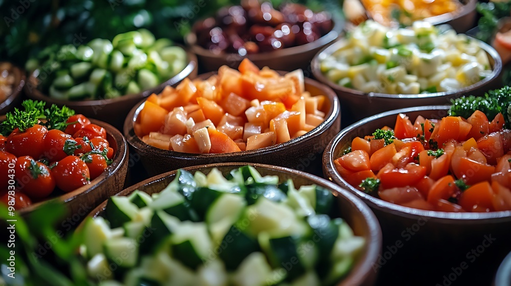 Bowls overflowing with freshly chopped vegetables for salad bar Bowls overflowing with freshly chopped vegetables for salad bar