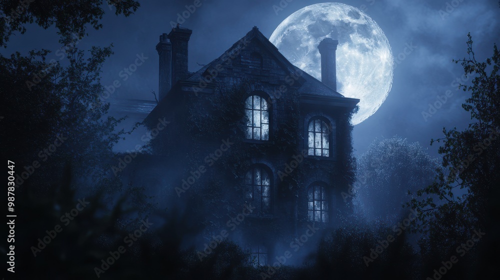 Spooky haunted house with overgrown ivy and eerie windows, casting shadows in a misty Halloween night atmosphere Spooky haunted house with overgrown ivy and eerie windows, casting shadows in a misty Halloween night atmosphere