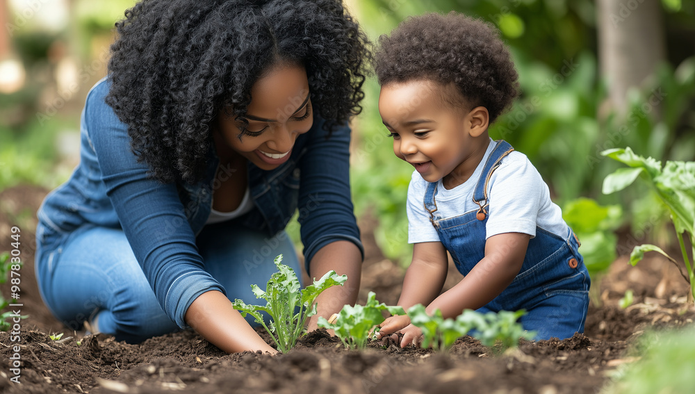 A joyful mother and her child nurturing a vegetable garden together in a sunny backyard A joyful mother and her child nurturing a vegetable garden together in a sunny backyard