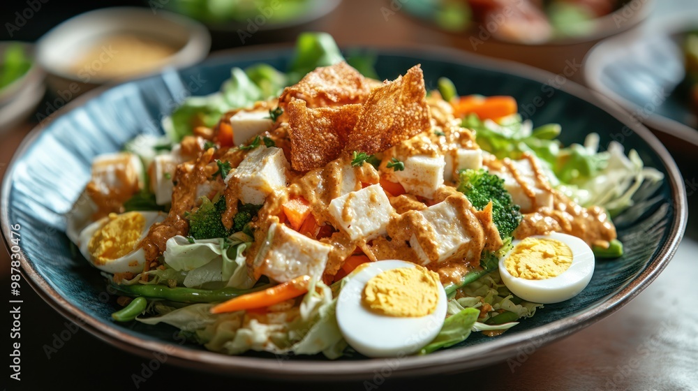 A colorful salad with tofu, vegetables, and boiled eggs, served in a deep bowl. A colorful salad with tofu, vegetables, and boiled eggs, served in a deep bowl.