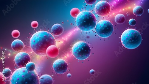 Wallpaper Mural Close-Up of Abstract Background with Round-Shaped Vaccine Cells of Different Sizes, Illuminated by Colorful Light Torontodigital.ca