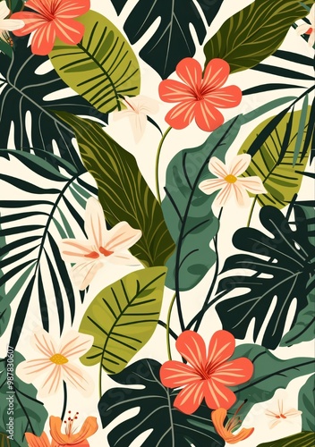 Wallpaper Mural Seamless tropical floral pattern with pink flowers, green leaves, and a white background. Torontodigital.ca