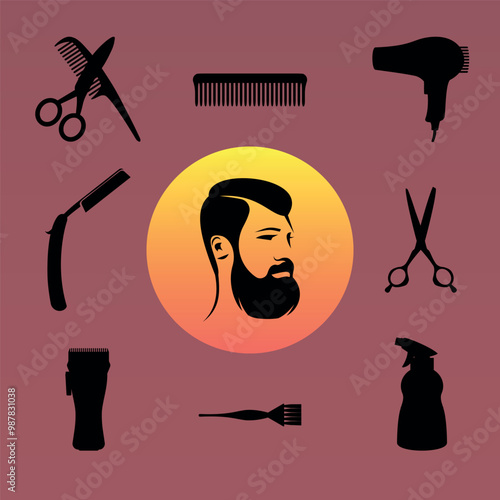 A set of black silhouettes of barber tools. In the center is an icon with a stylish men's hairstyle. Vector.
