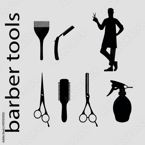 Set of black silhouettes of barber's tools and silhouette of hairdresser holding scissors. Vector on a gray background
