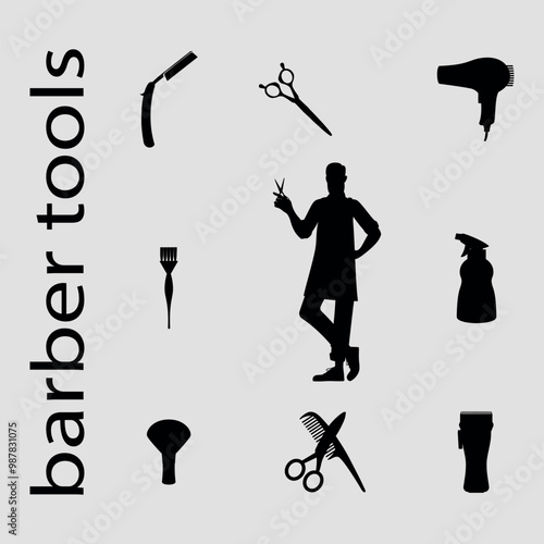 Set of black silhouettes of barber's tools and silhouette of hairdresser holding scissors. Vector on a gray background