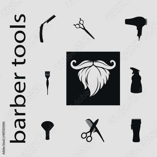 Set of black silhouettes of barber tools and icon with designer mustache in the center. Vector on a gray background