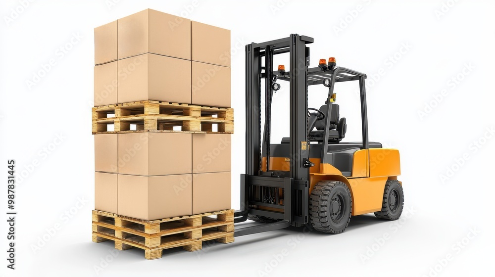 Forklift Lifting Pallet with Cardboard Boxes on White Background Forklift Lifting Pallet with Cardboard Boxes on White Background