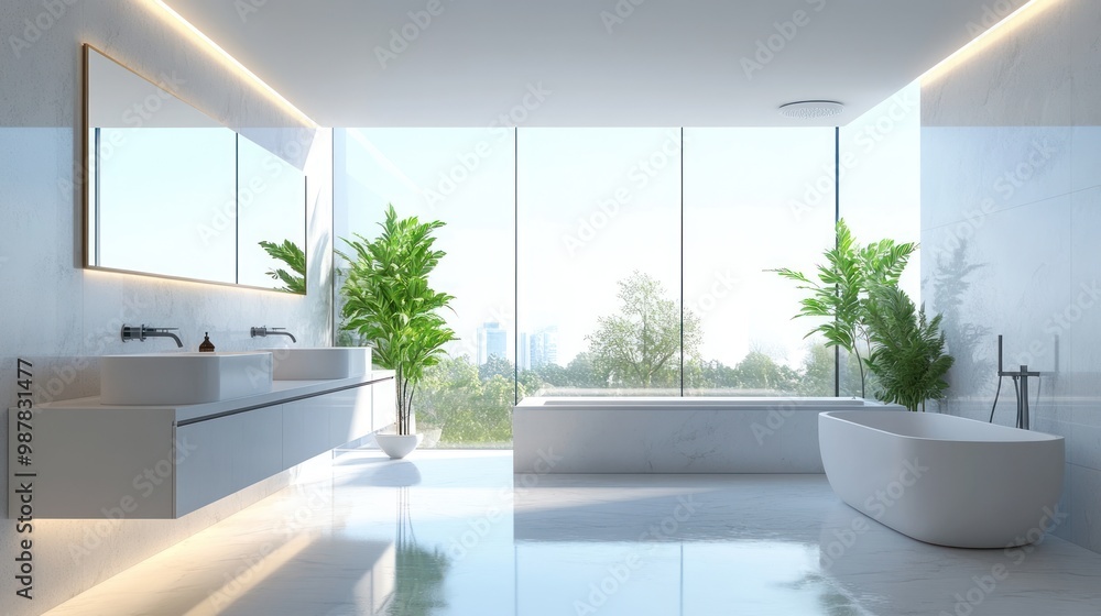 Fototapeta premium Modern bathroom with large windows, plants, and a serene view.
