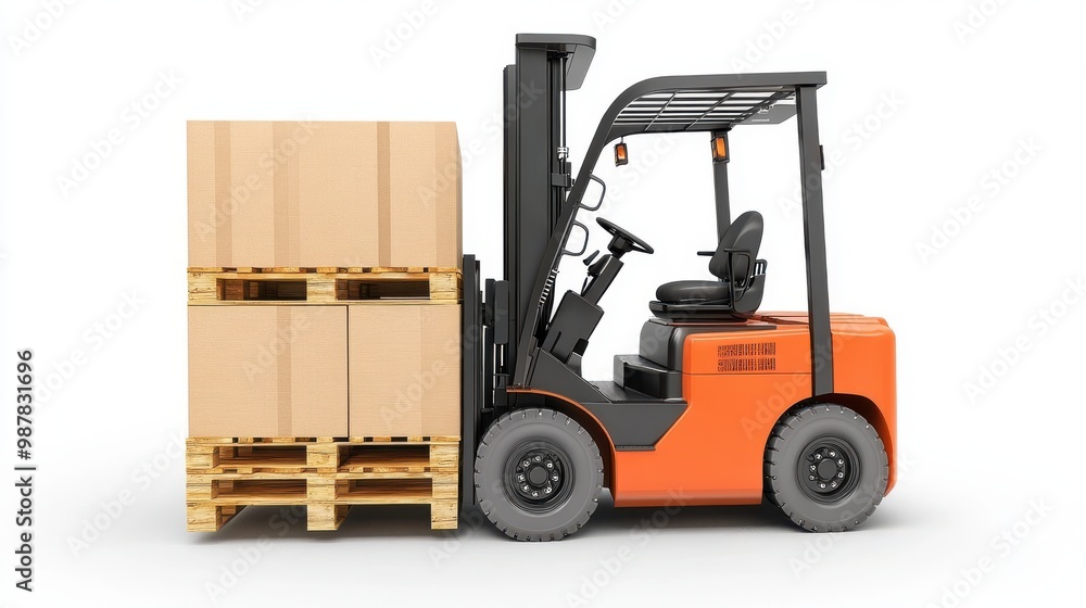 Orange Forklift Lifting Pallets with Cardboard Boxes Orange Forklift Lifting Pallets with Cardboard Boxes