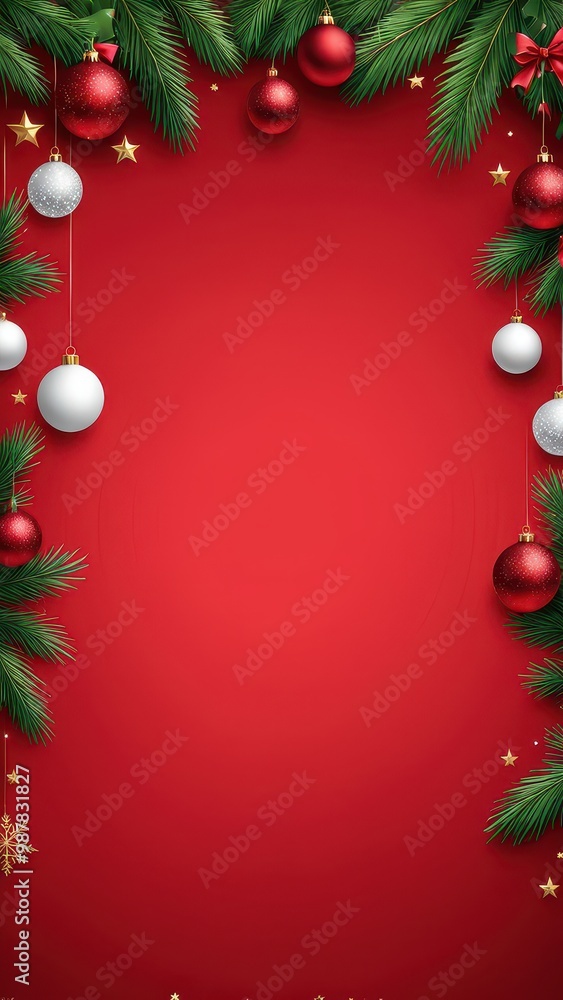 A festive red background adorned with green pine branches and red and white ornaments.