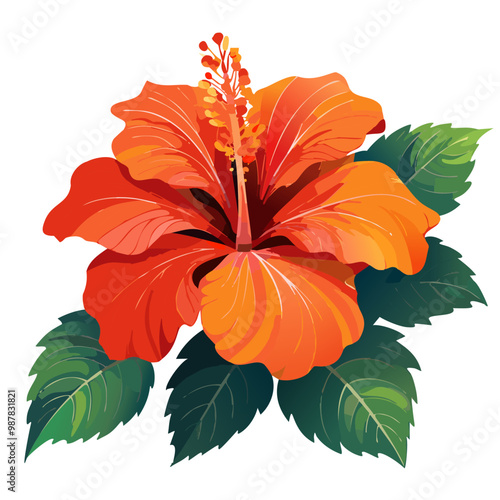 A hibiscus flower, red and orange, intricate and detailed vector art illustration design