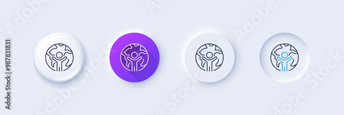Global business line icon. Neumorphic, Purple gradient, 3d pin buttons. International outsourcing sign. Internet marketing symbol. Line icons. Neumorphic buttons with outline signs. Vector