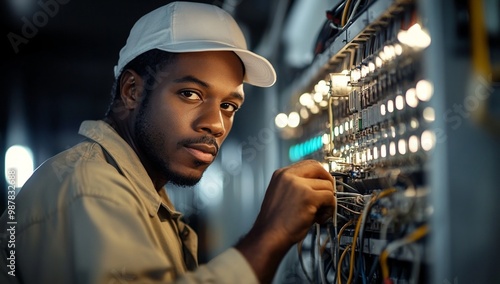 Wallpaper Mural Electrician Male African-American Middle-Aged Installing and repairing electrical systems and equipment in Commercial building. Torontodigital.ca