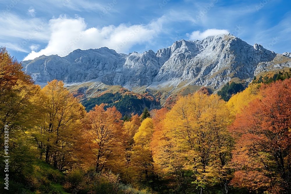 Stunning autumn landscape with colorful trees in front of snow capped mountains Stunning autumn landscape with colorful trees in front of snow capped mountains