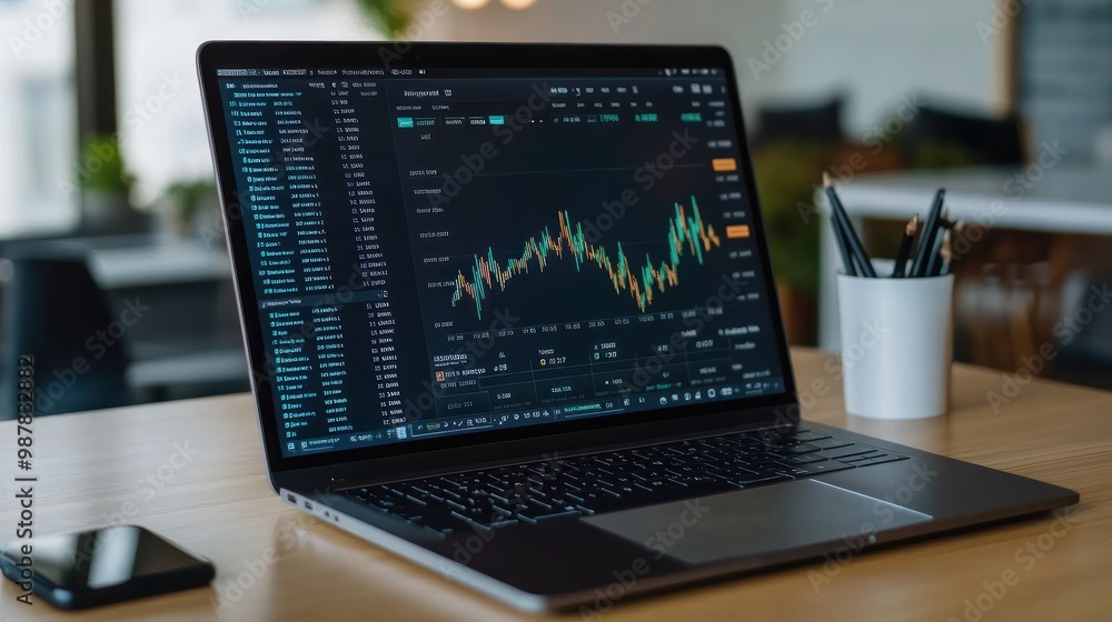 A laptop displaying financial data and charts on a wooden desk with office elements. A laptop displaying financial data and charts on a wooden desk with office elements.