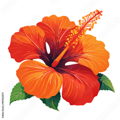 A hibiscus flower, red and orange, intricate and detailed vector art illustration design