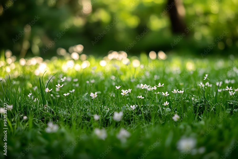 Close up of white flowers in a green grassy field Close up of white flowers in a green grassy field
