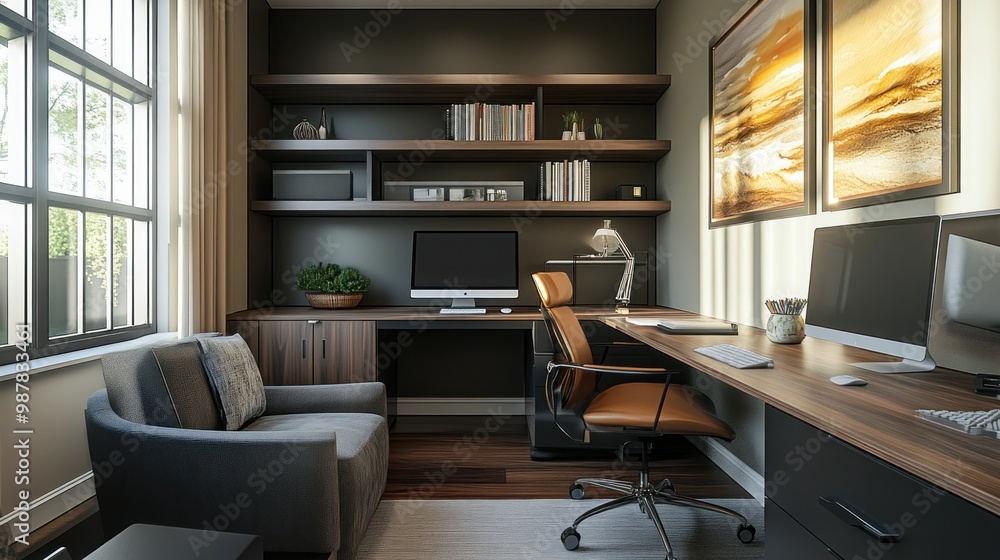 Modern Home Office with L-Shaped Desk and Large Window Modern Home Office with L-Shaped Desk and Large Window