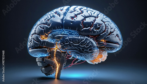 Illustrative representation of a human brain modified with technology and microelectronics, artificial intelligence and the technological modification of the brain