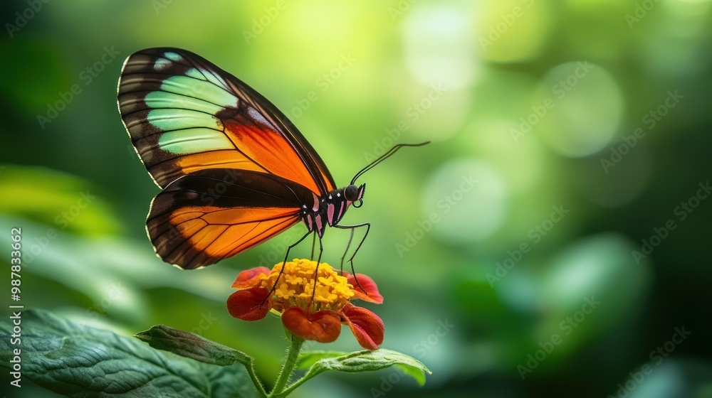 Fototapeta premium A vibrant butterfly perched on a colorful flower, set against a soft, blurred background.