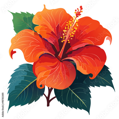 A hibiscus flower, red and orange, intricate and detailed vector art illustration design